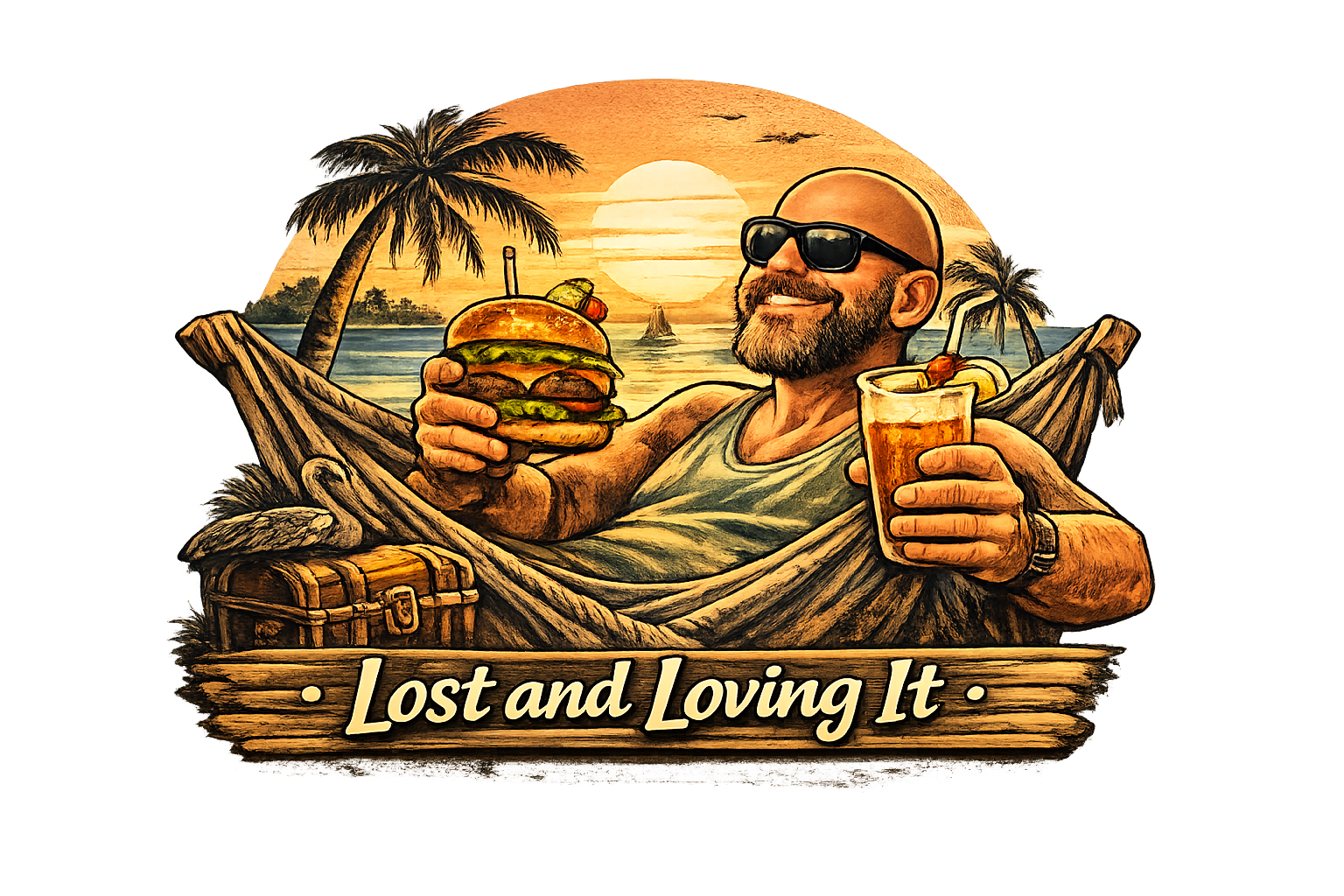 Lost and Loving It — Drifter's Paradise Grill mascot relaxing in a hammock with a burger and cocktail on the beach at sunset